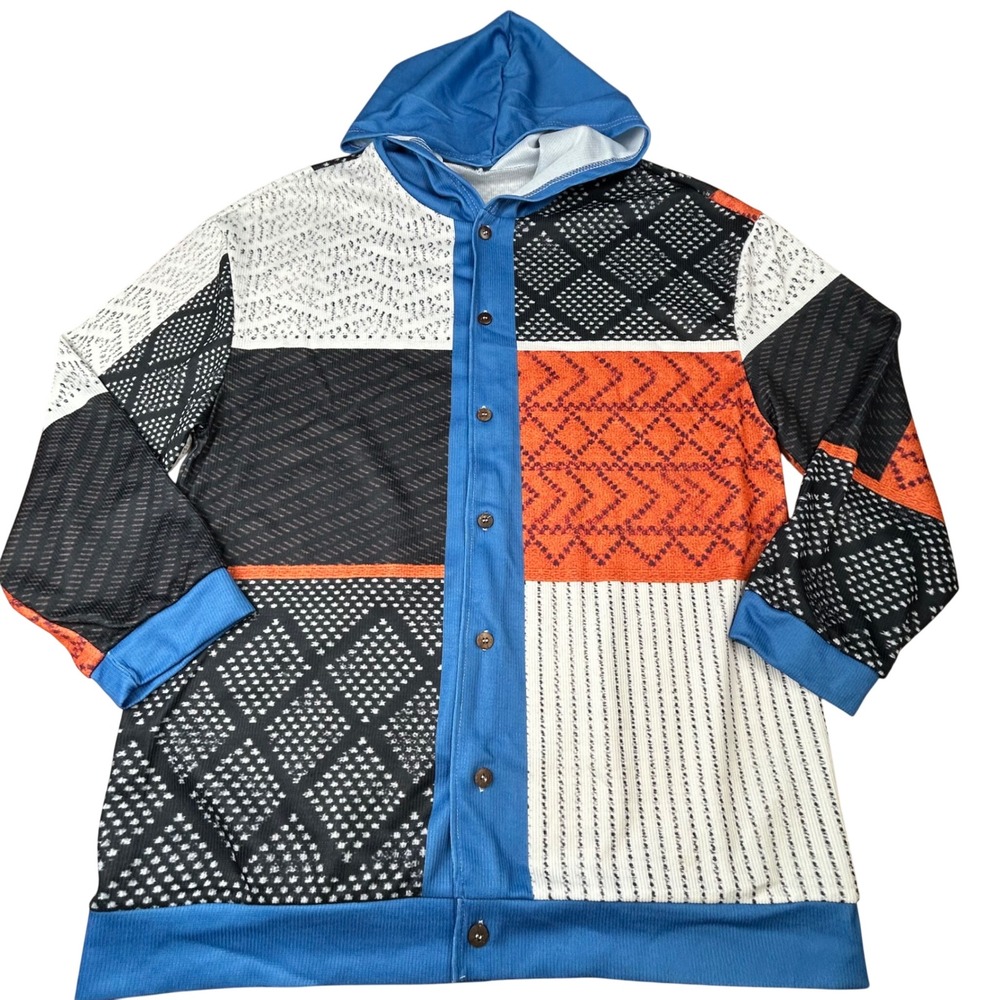 Geometric Patchwork Button Down Hoodie Blue Orange Black 3XL